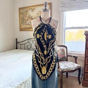 Y2K black and gold chain print silk halter Cache size medium luxe 100% silk